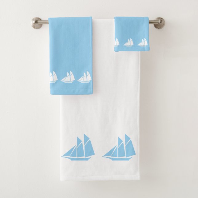 Elegant Yachts on Light Blue and White Bath Towel Set (Insitu)