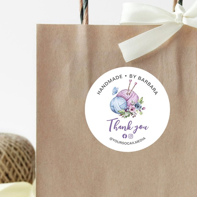 Elegant Yarn Knitting Needles Thank you Classic Round Sticker (Creator Uploaded)