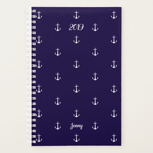 Elegant Year Nautical Anchor Custom Name Navy Blue Planner (Front)