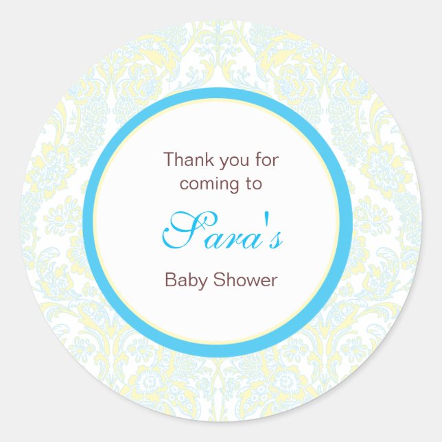 Elegant Yellow and Blue Damask Favour Sticker (Front)