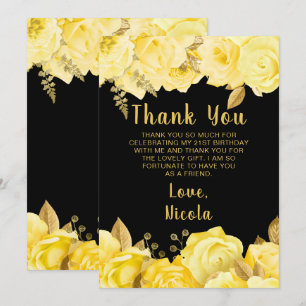 Elegant Yellow and Gold Flowers Birthday Party Thank You Card