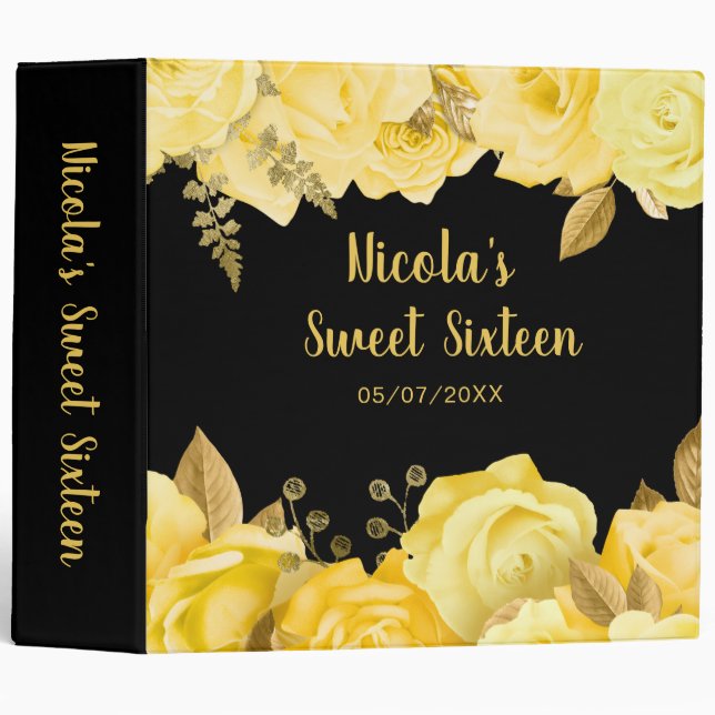 Elegant Yellow and Gold Flowers Sweet Sixteen Binder (Front/Spine)