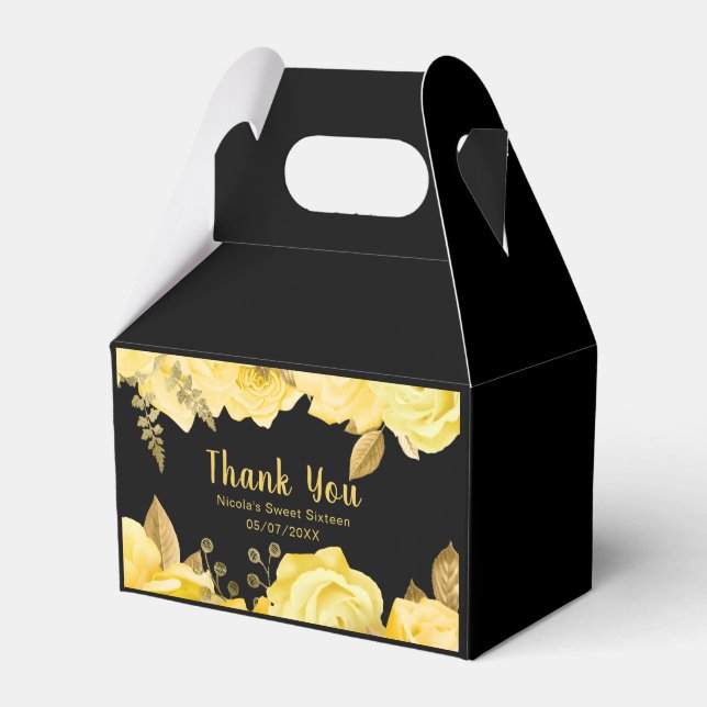 Elegant Yellow and Gold Flowers Sweet Sixteen Favor Box (Front Side)