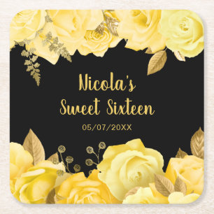 Elegant Yellow and Gold Flowers Sweet Sixteen Square Paper Coaster