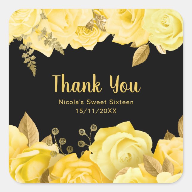Elegant Yellow and Gold Flowers Sweet Sixteen Square Sticker (Front)