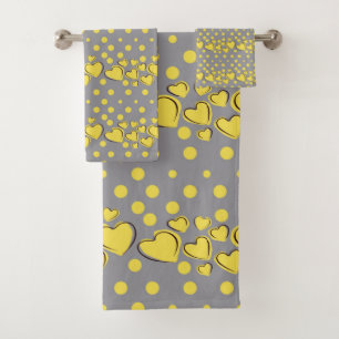 Elegant Yellow And Grey Hearts & Polka Dots Bath Towel Set