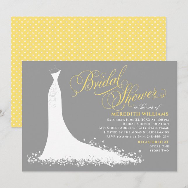 Elegant Yellow and Grey Wedding Gown Bridal Shower Invitation (Front/Back)