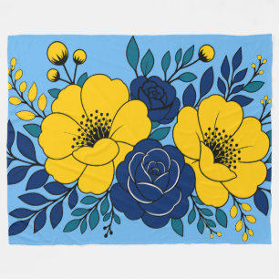 Elegant Yellow and Navy Blue Floral Design Fleece Blanket