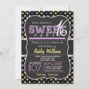 Elegant Yellow and Purple Stars Sweet 16 Party Invitation