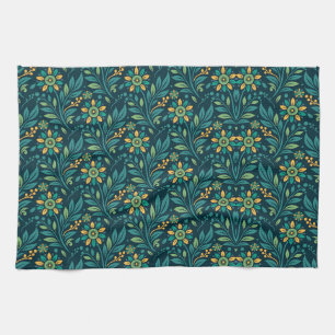 Elegant Yellow and Teal Floral Pattern Design Kitchen Towel