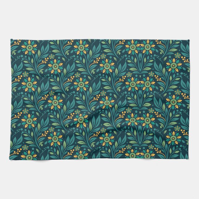Elegant Yellow and Teal Floral Pattern Design Kitchen Towel (Horizontal)