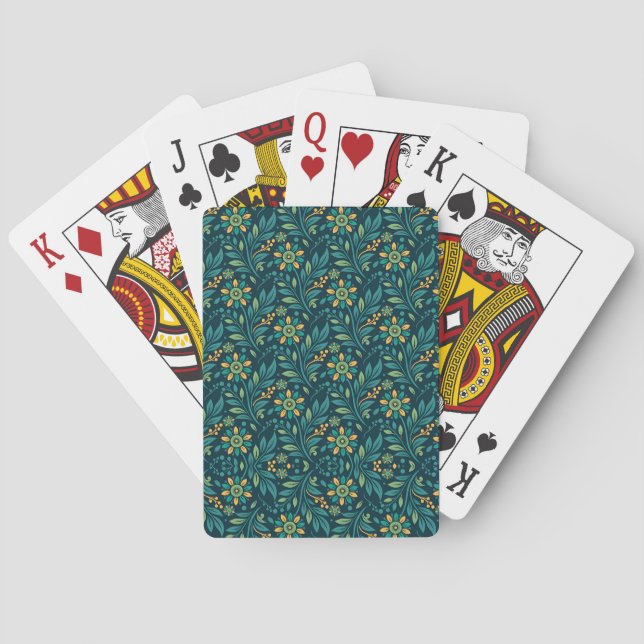 Elegant Yellow and Teal Floral Pattern Design Playing Cards (Back)