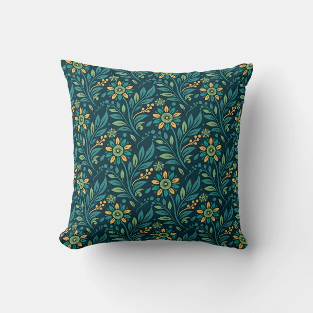 Elegant Yellow and Teal Floral Pattern Design Throw Pillow (Front)