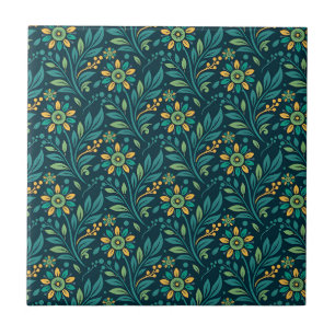 Elegant Yellow and Teal Floral Pattern Design Tile