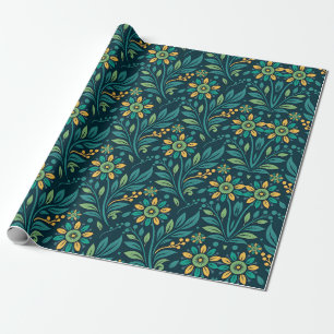 Elegant Yellow and Teal Floral Pattern Design Wrapping Paper