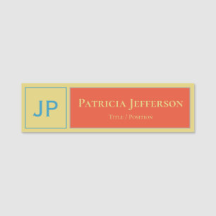 Elegant Yellow and Tropical Orange Modern Monogram Name Tag
