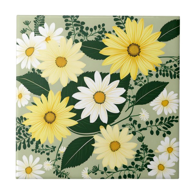 Elegant Yellow And White Daisies Flowers Tile (Front)