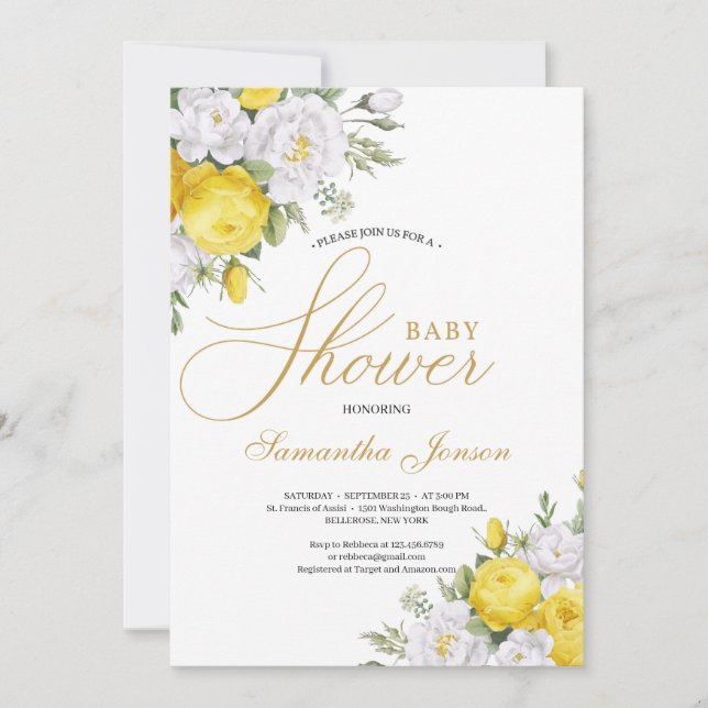 Elegant yellow and white floral roses baby shower invitation (Front)