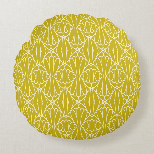 Elegant Yellow Art Deco Pattern with Diamond Motif Round Pillow (Front)