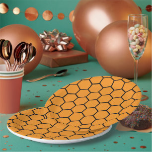 Elegant Yellow Black Honeycomb geometric Pattern Paper Plate