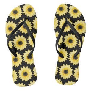 Elegant Yellow Black Sunflower Watercolor Pattern Flip Flops