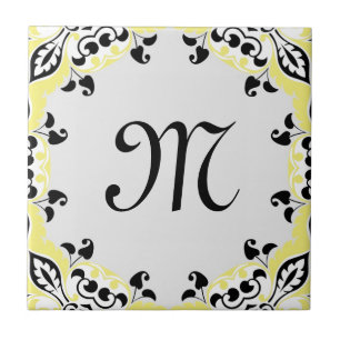 Elegant Yellow Black & White Pattern with Monogram Tile