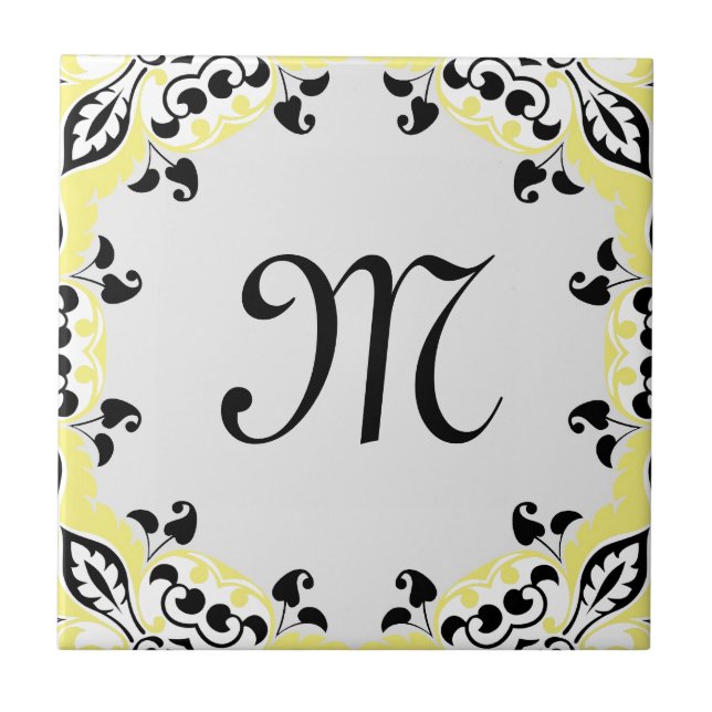 Elegant Yellow Black & White Pattern with Monogram Tile (Front)