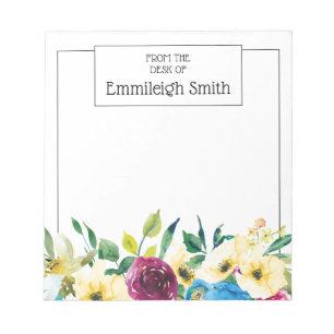 Elegant Yellow Blue Burgundy Watercolor Floral Notepad