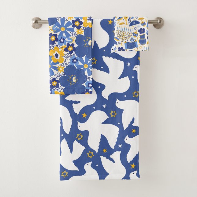 Elegant Yellow & Blue Hanukkah Bathroom Towel Set (Insitu)