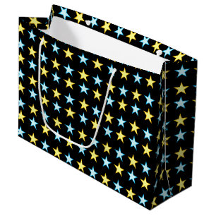 Elegant Yellow & Blue  Star Pattern on Black Large Gift Bag