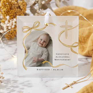 Elegant Yellow Bow Cross Baptism Christening Photo Glass Ornament