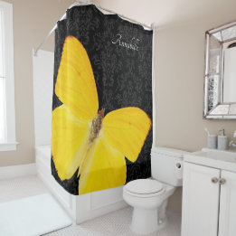 Elegant Yellow Butterfly Black Damask Add Name