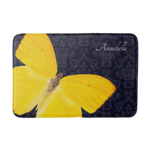 Elegant Yellow Butterfly Black Damask Add Name Bat Bath Mat