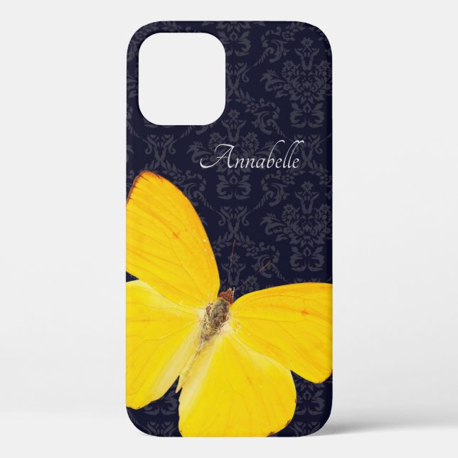 Elegant Yellow Butterfly Black Damask Add Name Case-Mate iPhone Case (Back)