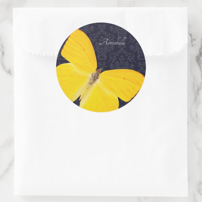 Elegant Yellow Butterfly Black Damask Add Name Classic Round Sticker (Bag)