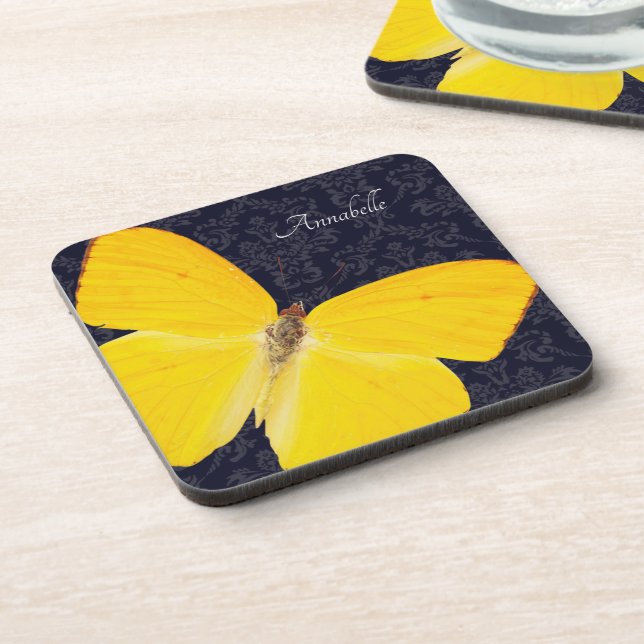 Elegant Yellow Butterfly Black Damask Add Name Coaster (Left Side)