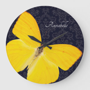 Elegant Yellow Butterfly Black Damask Add Name Large Clock