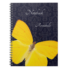 Elegant Yellow Butterfly Black Damask Add Name Notebook