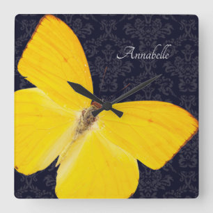 Elegant Yellow Butterfly Black Damask Add Name  Square Wall Clock