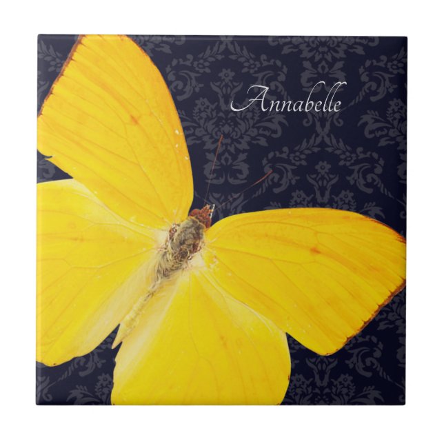 Elegant Yellow Butterfly Black Damask Add Name Tile (Front)
