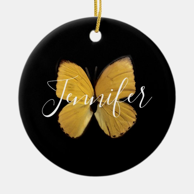 Elegant Yellow Butterfly Script Personalized Ceramic Ornament (Front)