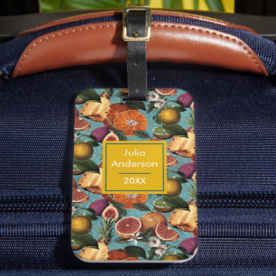 Elegant yellow citrus oranges fruits mint pattern luggage tag