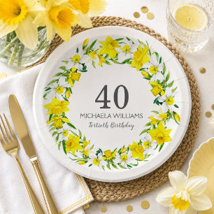Elegant Yellow Daffodil Floral 40th Paper Plate