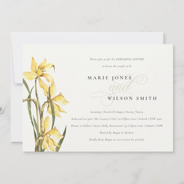 Elegant Yellow Daffodil Rehearsal Dinner Invite (Front)
