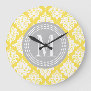 Elegant Yellow Damask Personalized Large Clock