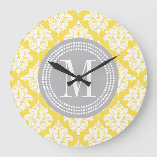 Elegant Yellow Damask Personalized Large Clock (Front)