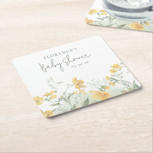 Elegant Yellow Floral Baby Shower Square Paper Coaster