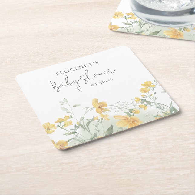 Elegant Yellow Floral Baby Shower Square Paper Coaster (Angled)