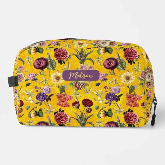 Elegant yellow Floral pattern monogram Dopp Kit (Front)