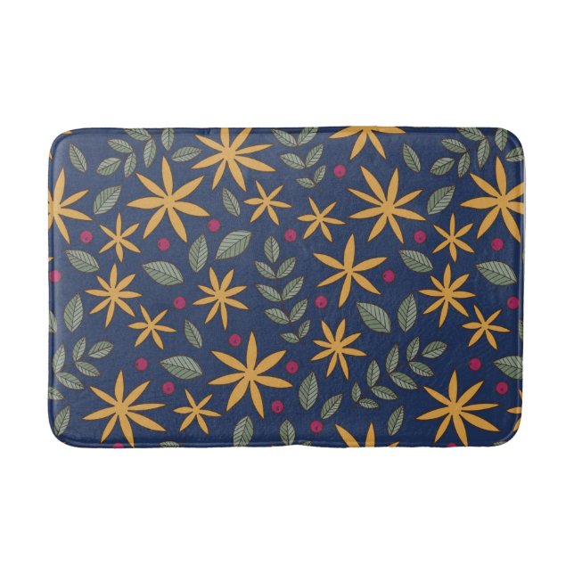 Elegant Yellow Floral Pattern on Blue Bath Mat (Front)